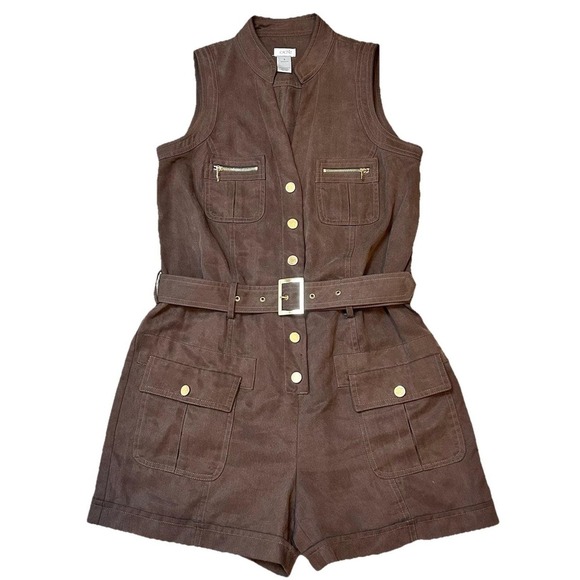 RARE Y2K Cache Tencel Romper Size S Gold Buttons Belted Mock Neck Breathable - Picture 1 of 9